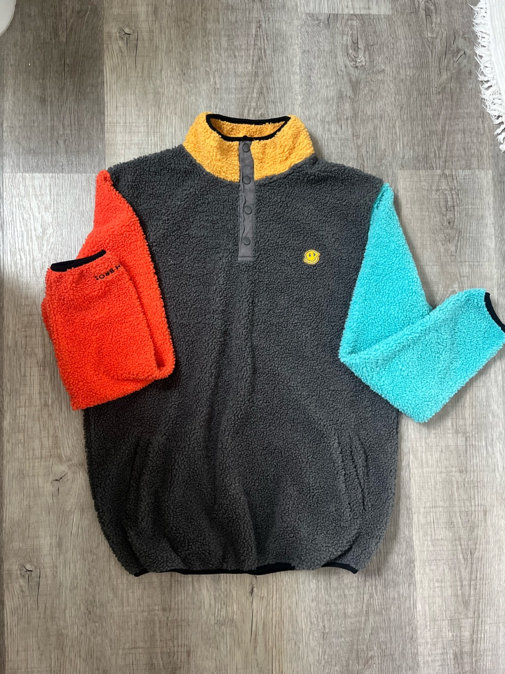 Dutch Bros Colorblock Sherpa Pullover - Black, Teal, Orange & Yellow